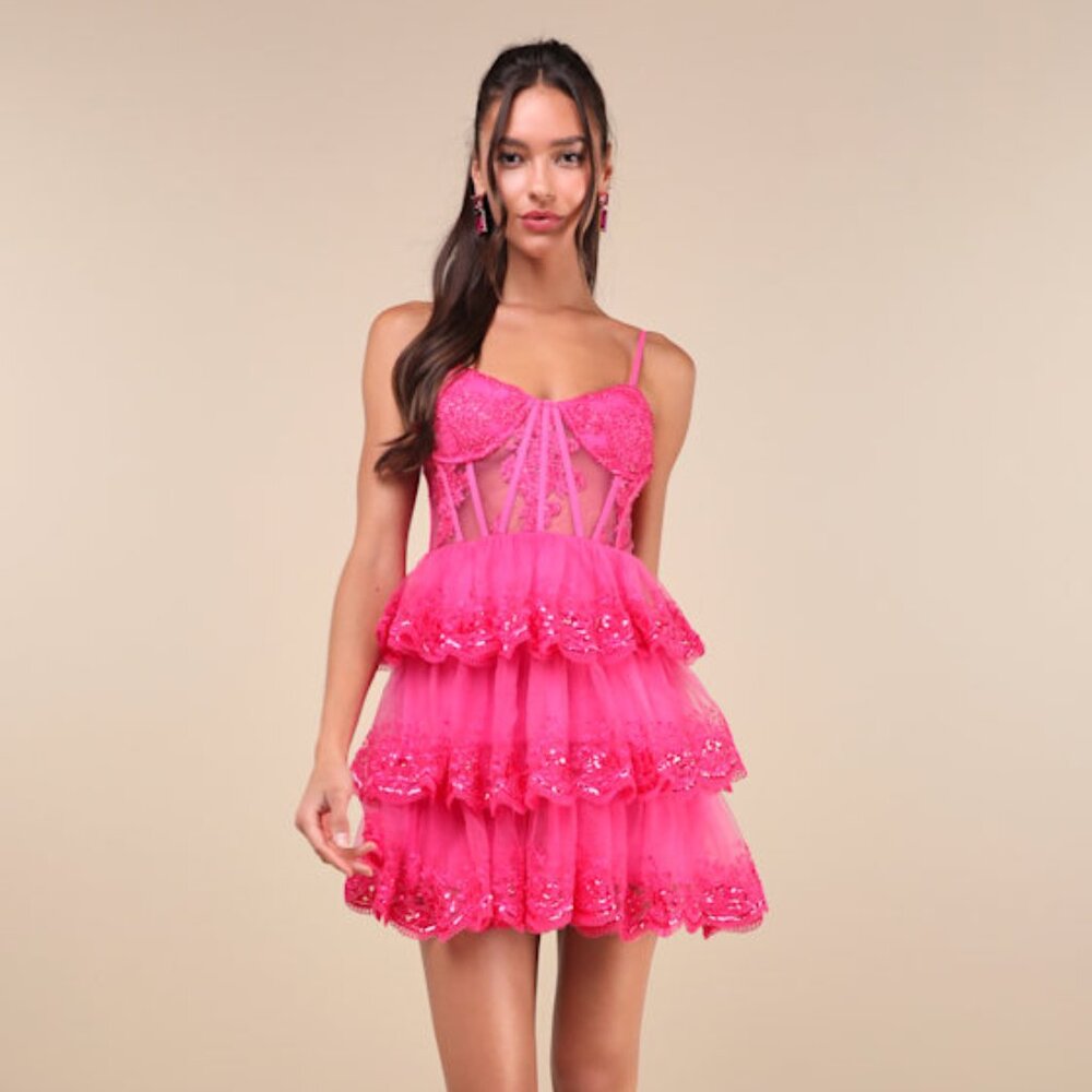 Lulus Exquisite Drama Hot Pink Embroidered Sequin Tiered Mini Dress - Size M